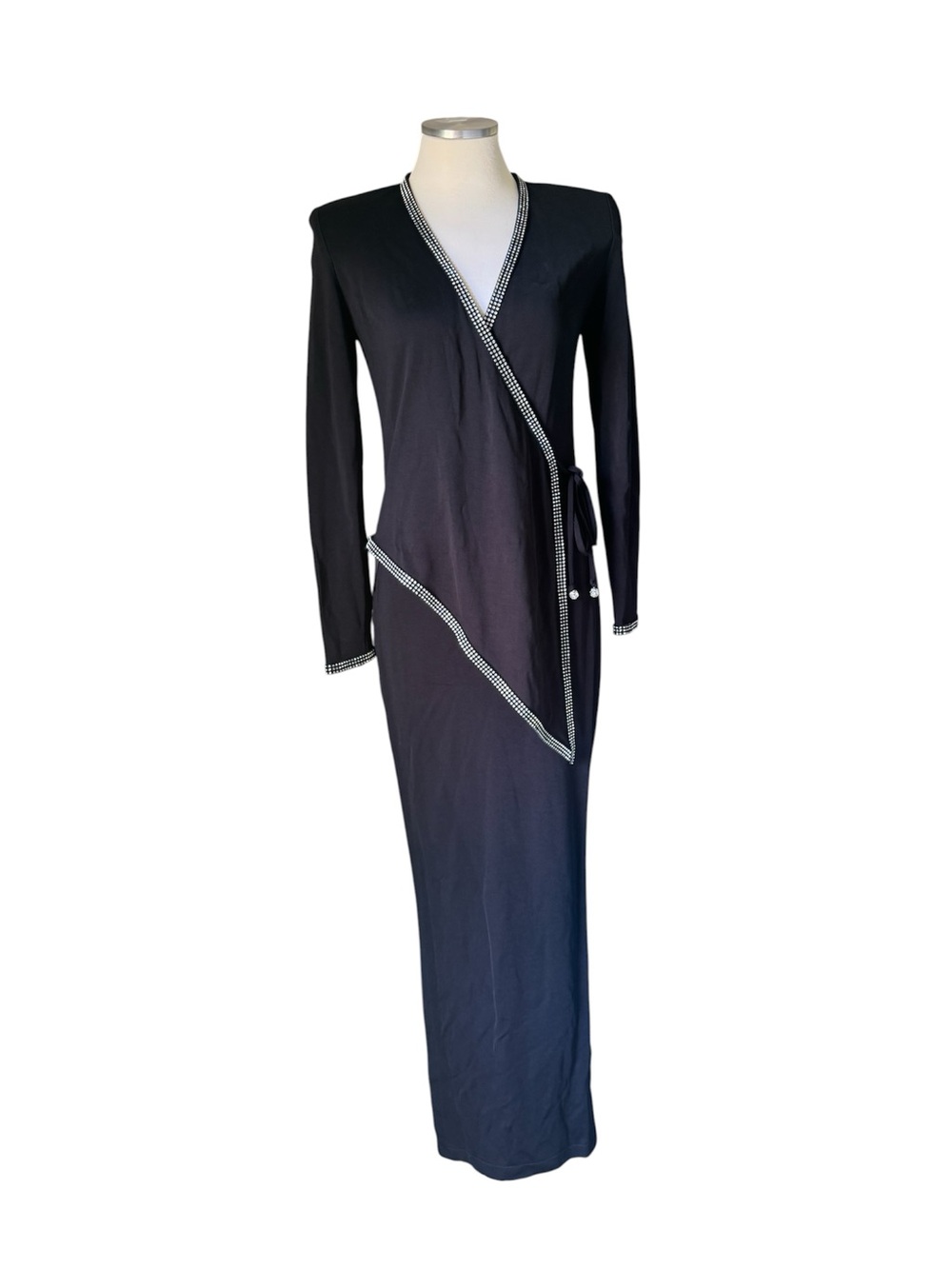 Cache Black Long Sleeve Wrap Maxi Dress with White Trim